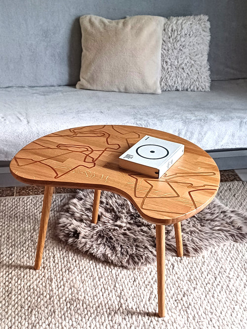 Handcrafted Oak Coffee Table – Freeform Table with Epoxy Coffee Pattern