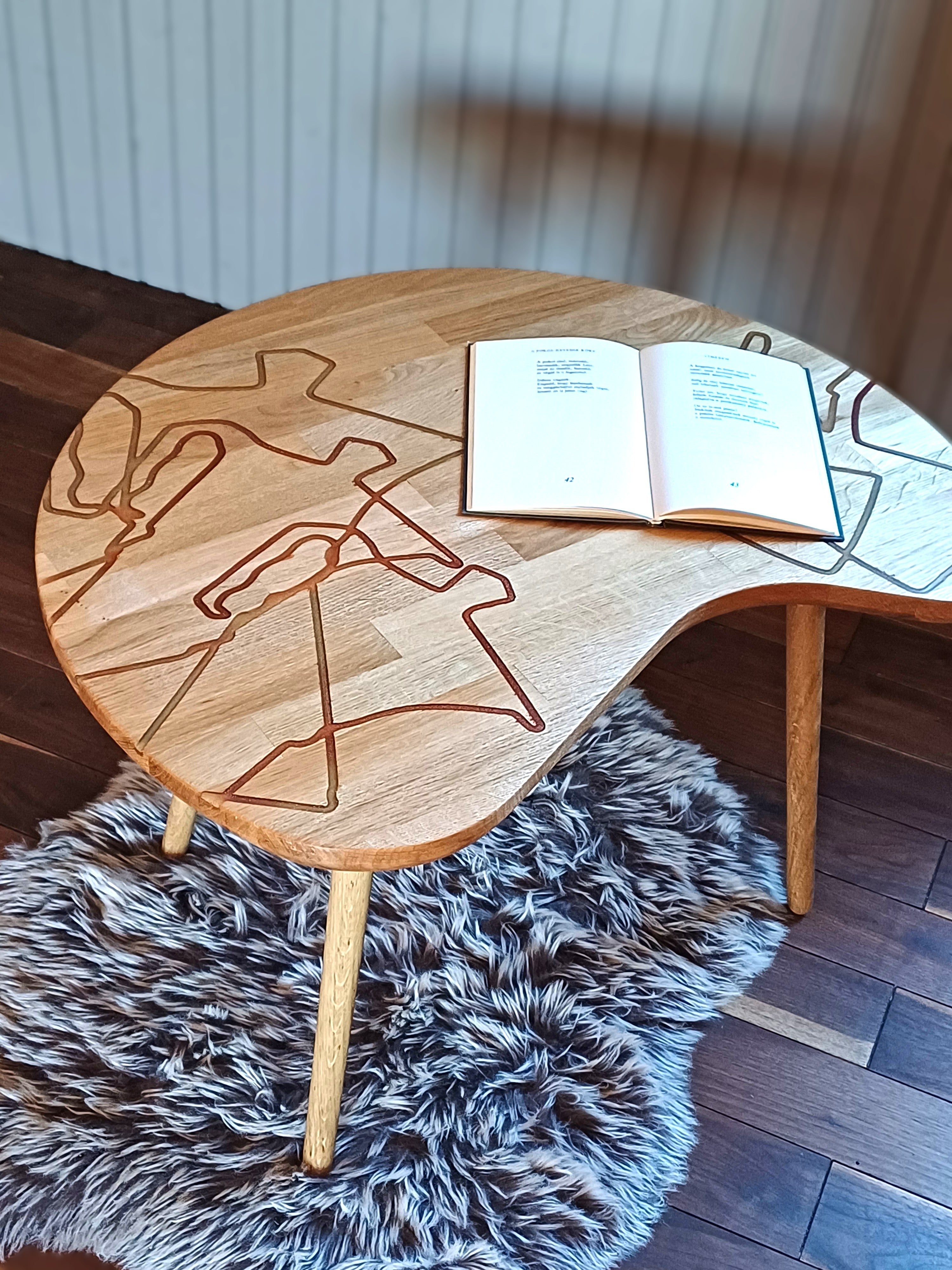 Handcrafted Oak Coffee Table – Freeform Table with Epoxy Coffee Pattern