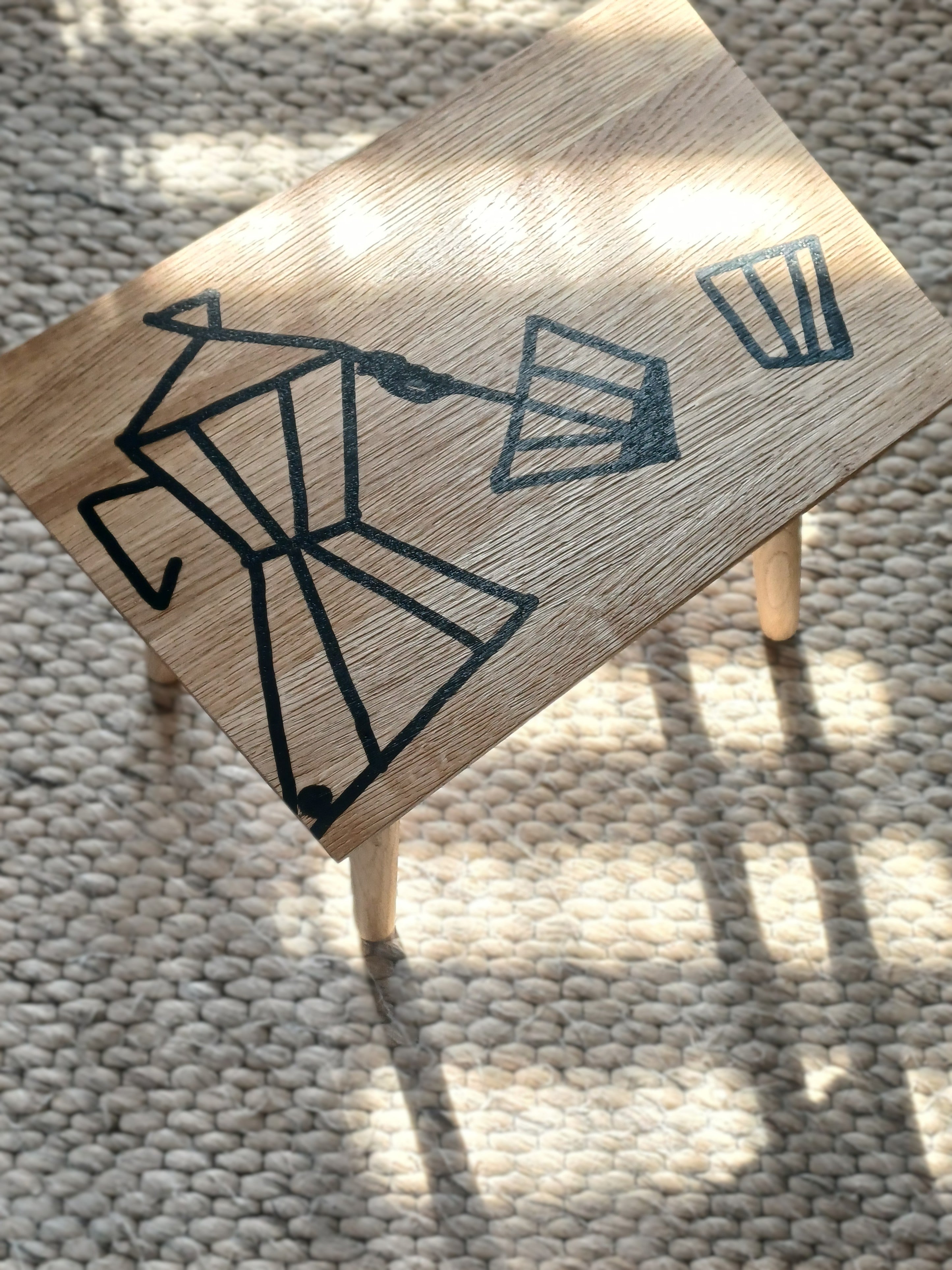 Handmade Oak Coffee Table – Bialetti Moka Pot Design, Rustic Geometric Table, Black Epoxy Pattern, Small Unique Coffee Table
