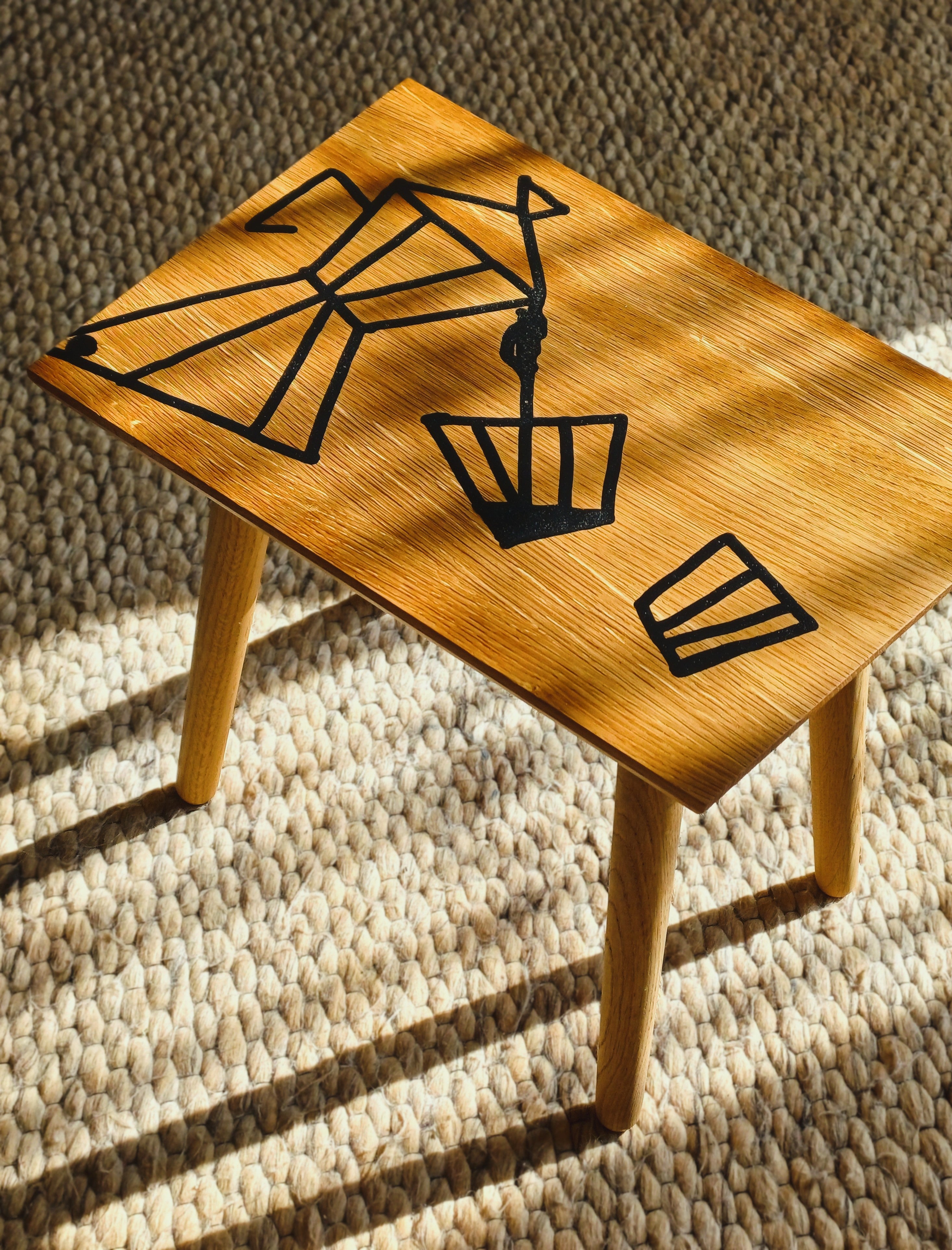Handmade Oak Coffee Table – Bialetti Moka Pot Design, Rustic Geometric Table, Black Epoxy Pattern, Small Unique Coffee Table
