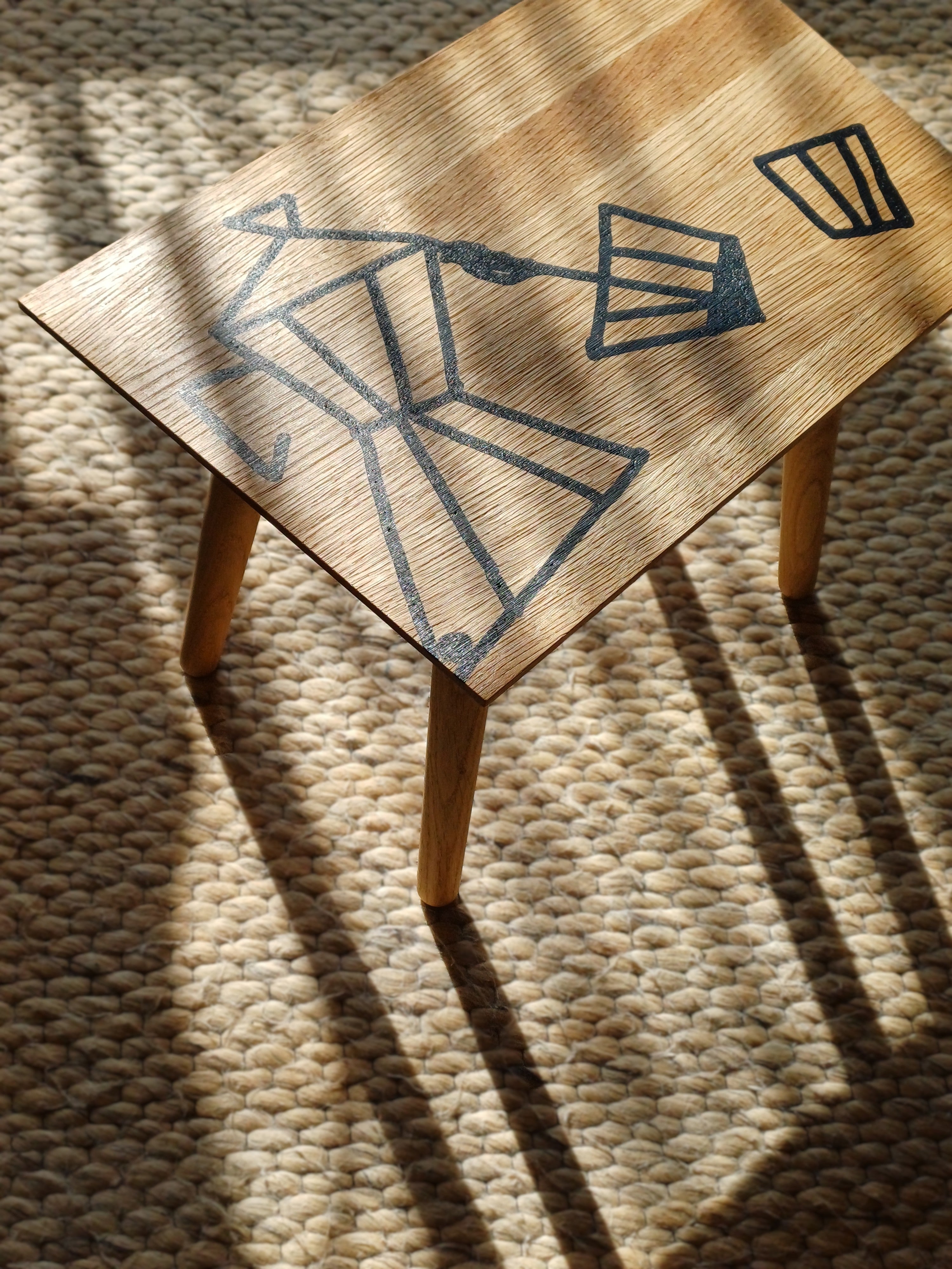 Handmade Oak Coffee Table – Bialetti Moka Pot Design, Rustic Geometric Table, Black Epoxy Pattern, Small Unique Coffee Table