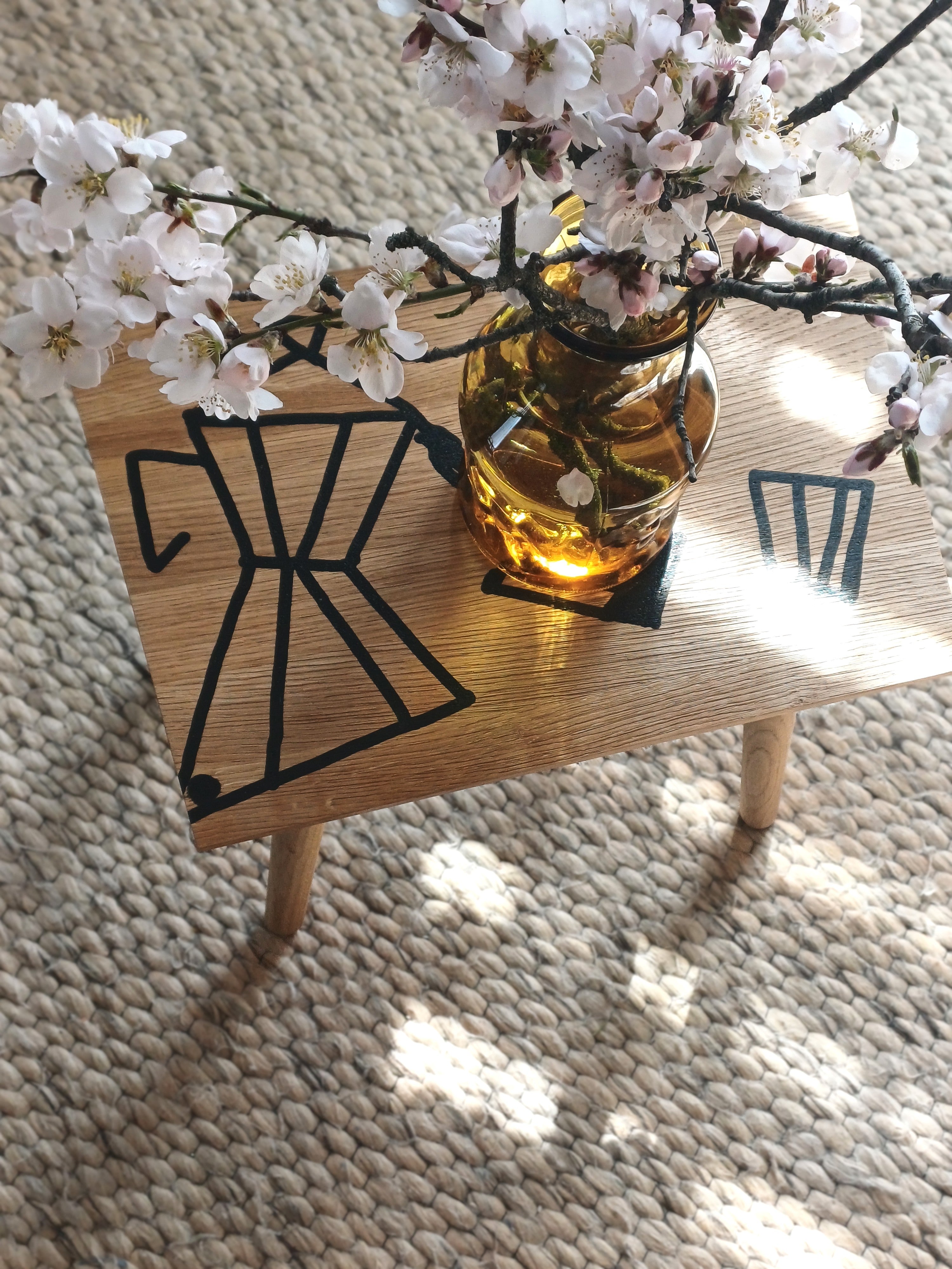 Handmade Oak Coffee Table – Bialetti Moka Pot Design, Rustic Geometric Table, Black Epoxy Pattern, Small Unique Coffee Table
