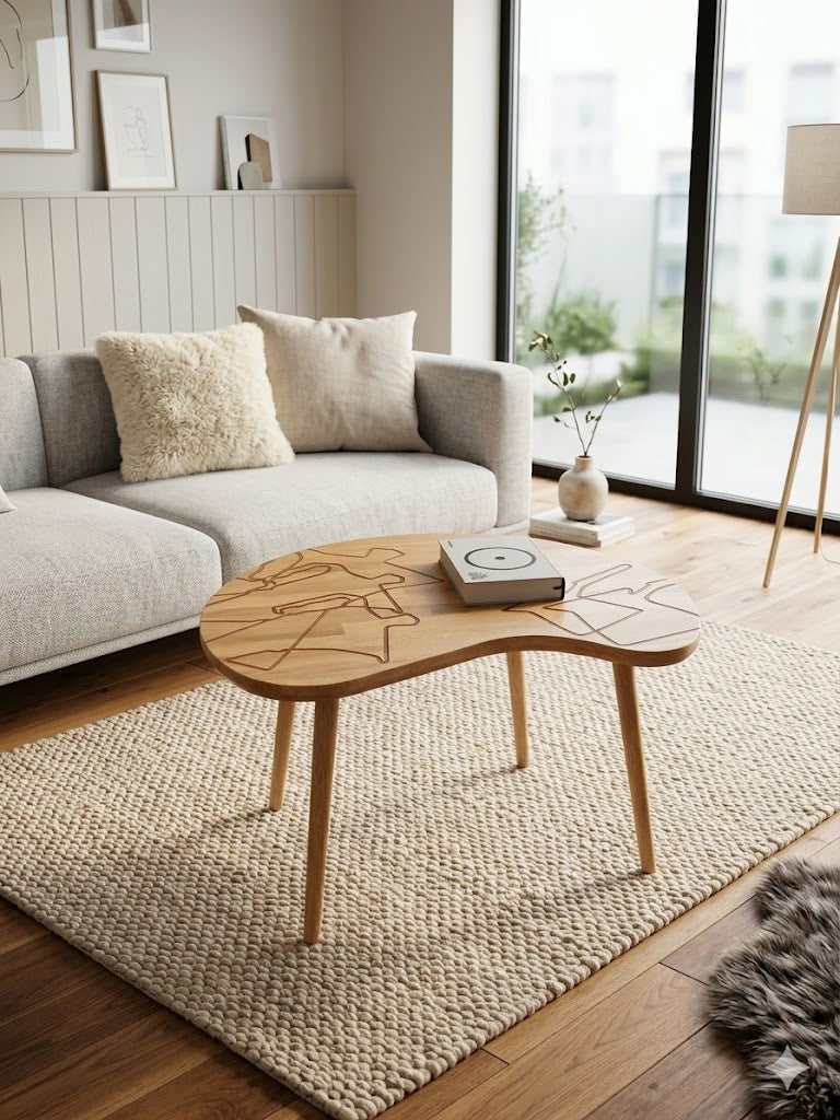 Handcrafted Oak Coffee Table – Freeform Table with Epoxy Coffee Pattern