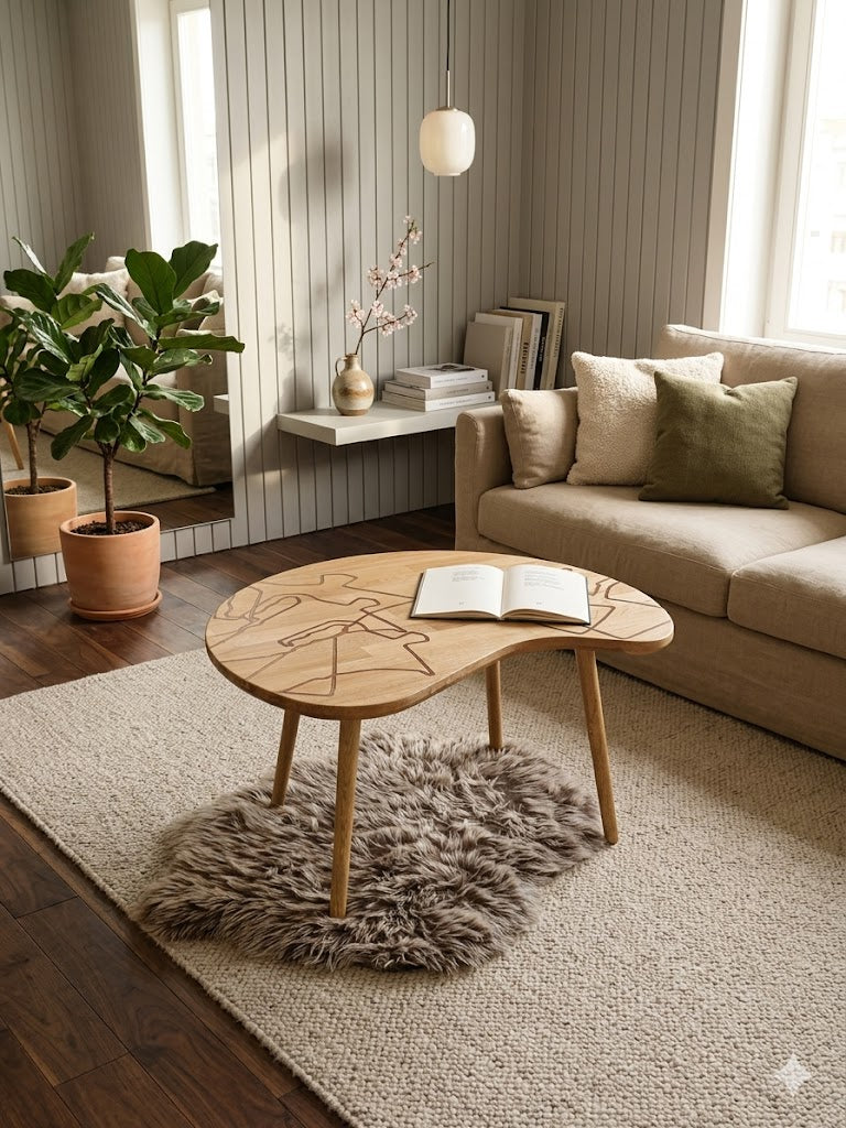 Handcrafted Oak Coffee Table – Freeform Table with Epoxy Coffee Pattern