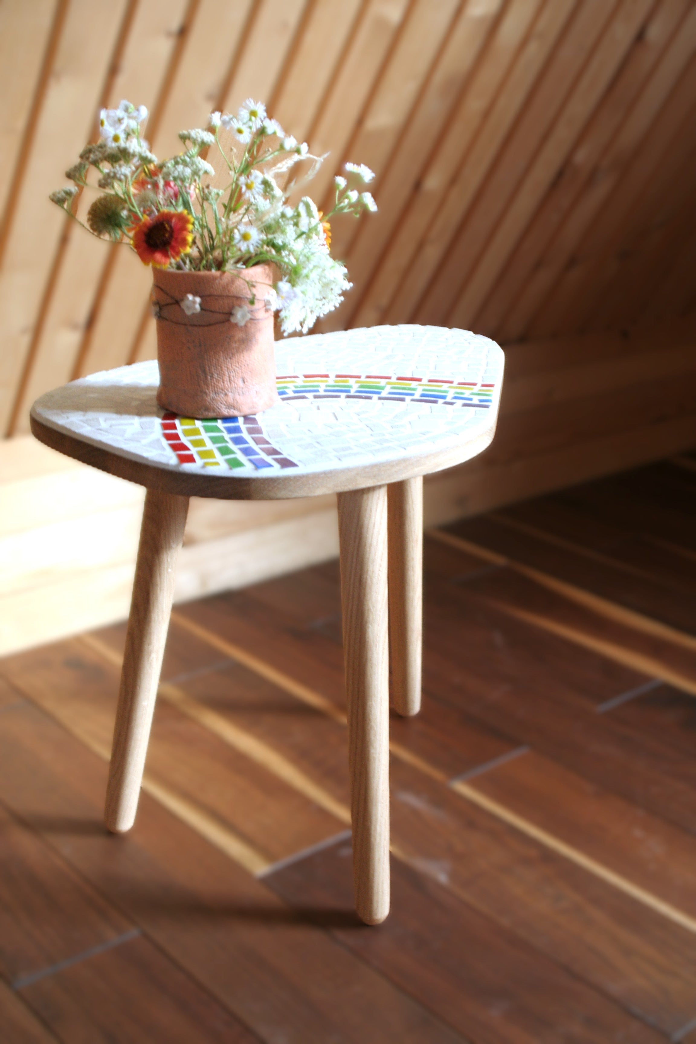 'Iris' - Handcrafted Mosaic Side Table – Oak table With Rainbow Pattern